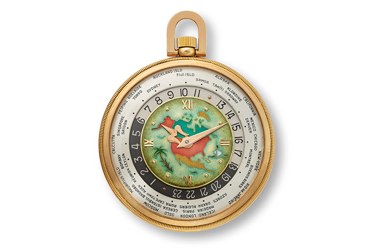PATEK PHILIPPE. A VERY FINE, RARE AND HIGHLY IMPORTANT 18K PINK GOLD OPENFACE KEYLESS LEVER WORLD TIME WATCH WITH POLYCHROME CLOISONNÉ ENAMEL DIAL REPRESENTING A MAP OF NORTH AMERICA WITH BOX SIGNED PATEK PHILIPPE & CIE., GENÈVE, REF. 605 HU