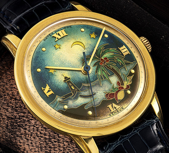 PATEK PHILIPPE. AN EXCEPTIONAL 18K GOLD WRISTWATCH WITH SWEEP CENTRE SECONDS AND CLOISONNÉ ENAMEL DIAL "THE LIGHTHOUSE" REF. 2481