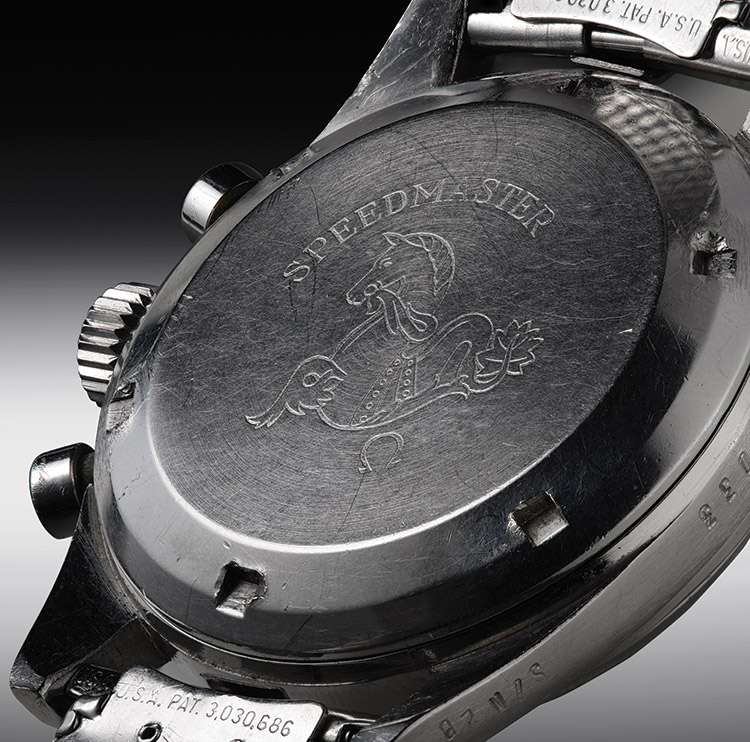 Caseback of the OMEGA Speedmaster worn by Gene Cernan (ref 105.003), Apollo 17 mission